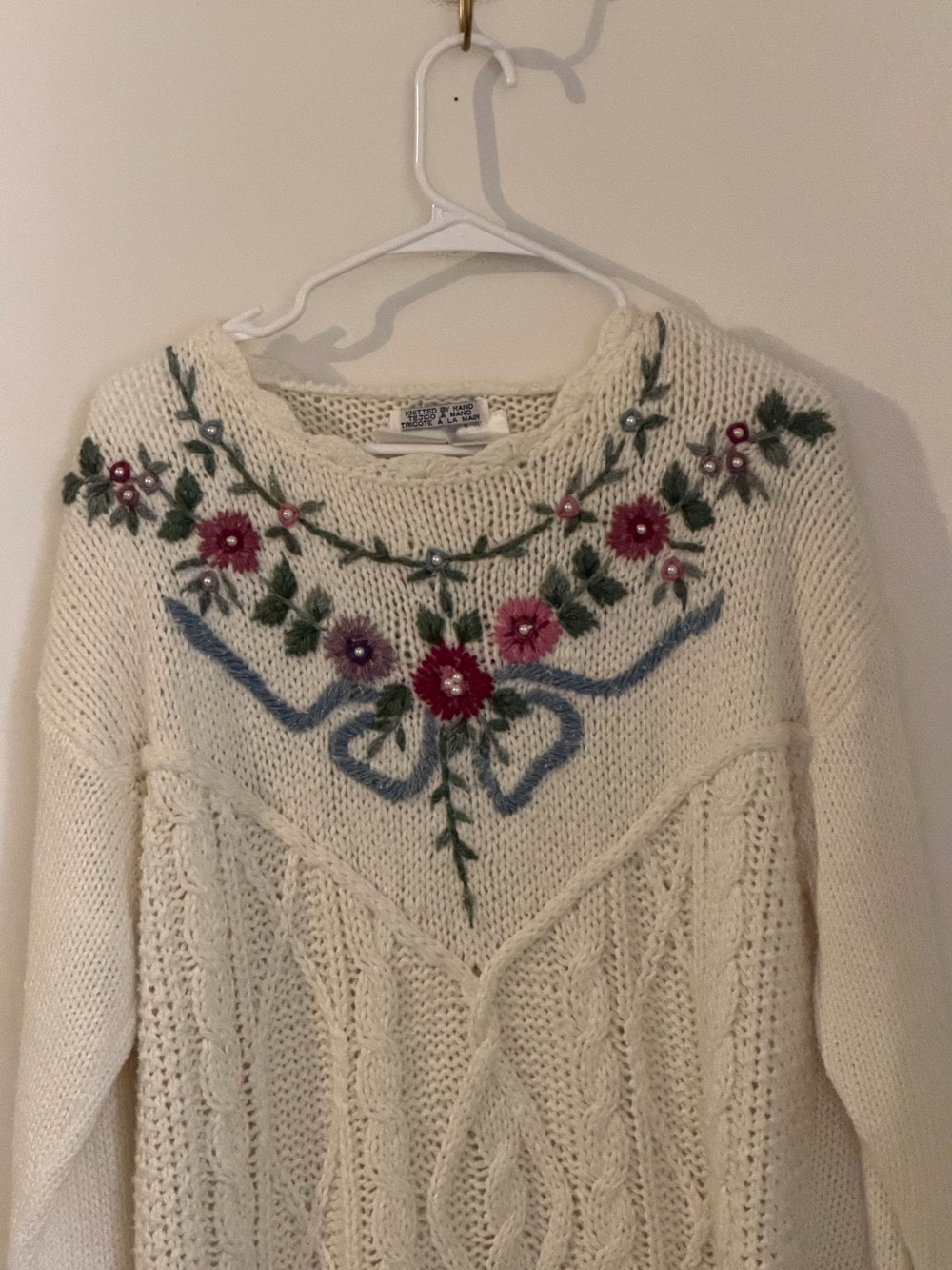 Vintage Cream Hand-Knit Cottagecore Sweater with Floral Embroidery